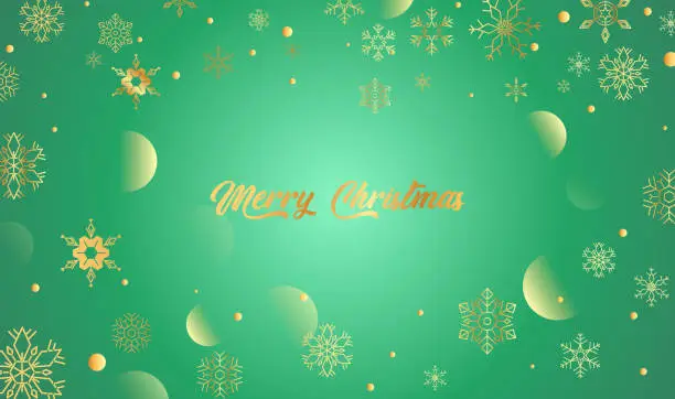 Vector illustration of Merry Christmas green background with golden snowflakes frame border decoration