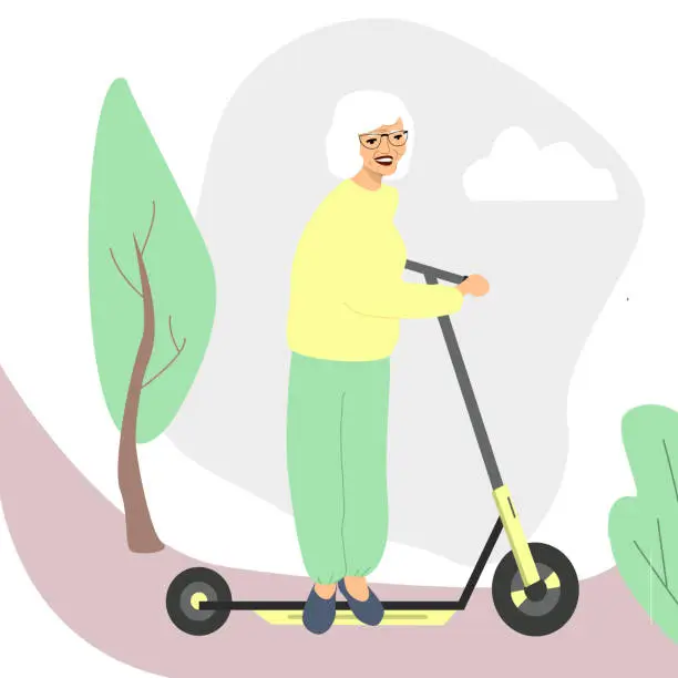 Vector illustration of Elderly woman riding an electric scooter.