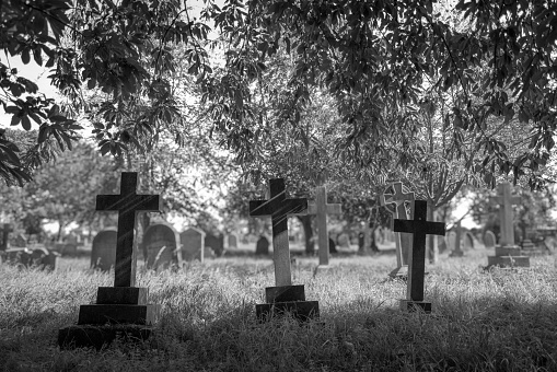 Trio of in focus, ancient crucifix shaped graves seen in an equally old English cemetery, deep in history.