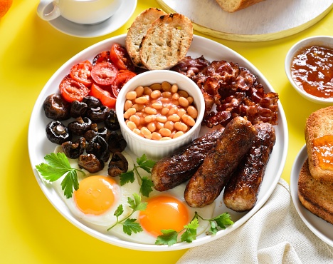 Full english breakfast with fried egg, bacon, sausage, beans and mushrooms on yellow background. Close up view