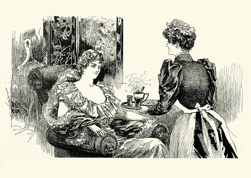 Vintage illustration of Victorian maid, serving her mistress a hot drink and biscuits, 1890s 19th Century