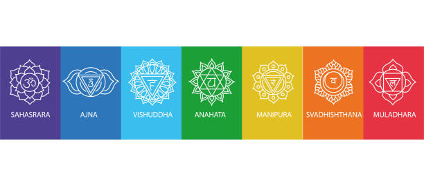 Set chakras: muladhara, swadhisthana, manipura, anahata, vishuddha, ajna, sahasrara. Chakras set: muladhara, swadhisthana, manipura, anahata, vishuddha, ajna, sahasrara. Isolated vector illustration on color background. chakra stock illustrations