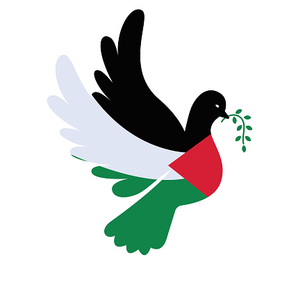 Dove with Palestine flag color. Symbol of peace and World support concept. Flat vector illustration