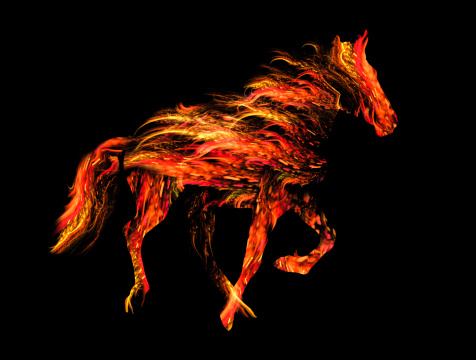 fiery horse, symbol of the 2014 year - raster illustration. yellow and red fire horse silhuette isolated on black background.