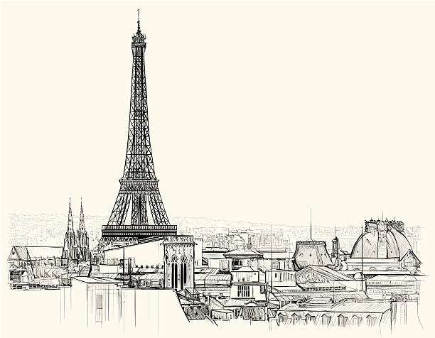 ilustraciones, imágenes clip art, dibujos animados e iconos de stock de torre eiffel sobre tejados de parís - paris