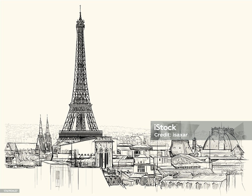 Eiffel tower over roofs of Paris Vector illustration of Eiffel tower over roofs of Paris Paris - France stock vector