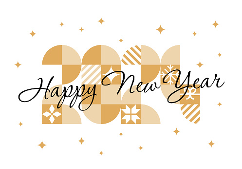 Happy New Year card, decoration elements pattern background. Modern geometric background. Abstract 2024 Typography with icons on grid pattern with text on white background.