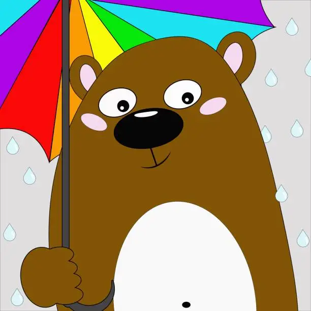 Vector illustration of bear under a rainbow umbrella in the rain