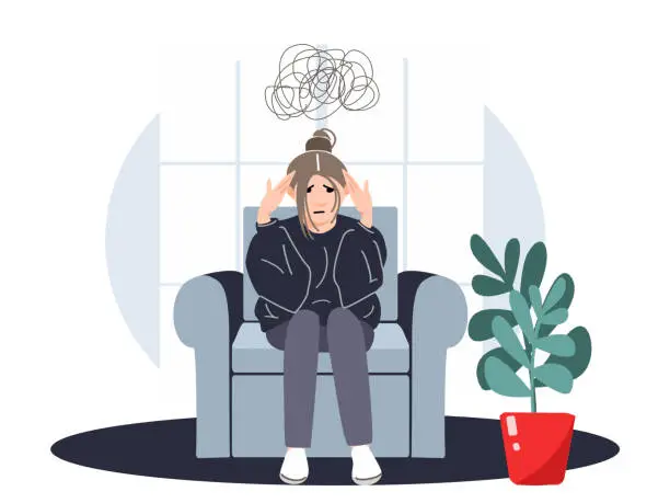 Vector illustration of Woman in depression with bewildered thoughts in her mind.