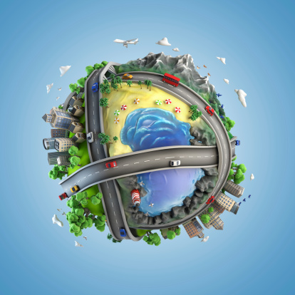 concept globe showing diversity and transport in the world in a cartoony style