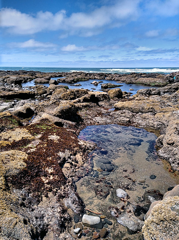 Vibrant color contrast between sky/ocean and rocky beach with tide pools.  Reflections of the sky can be seen in the tide pools.