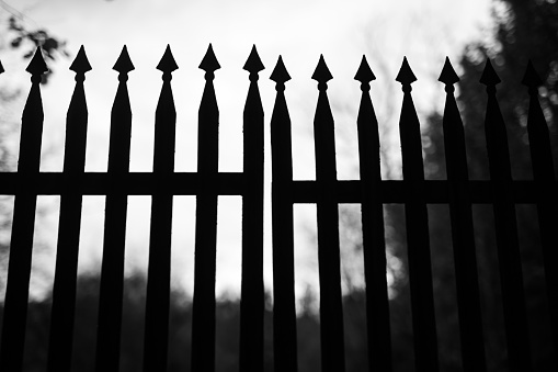 Metal Gate. Closed Metal Gate. Finished with Spikes. Black and white