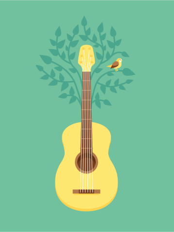 Vector music poster in flat retro style - guitar and bird on tree