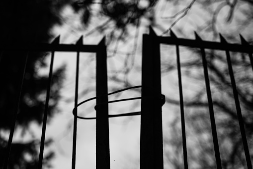 Metal Gate. Closed Metal Gate. Finished with Spikes. Black and white
