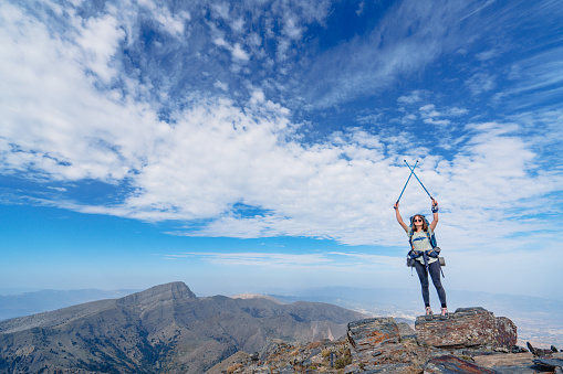 backpack, camp, climbing, mountain, hiking poles