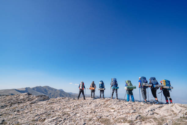 el equipo de alpinistas está observando el hermoso paisaje de los picos de las montañas. - group of people journey effort travel destinations fotografías e imágenes de stock