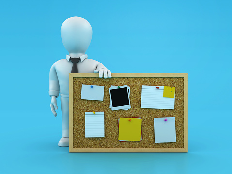 Cartoon Business Person and Corkboard with Sticky Notes - Color Background - 3D Rendering