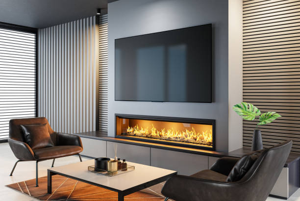 istock Modern minimalist living area with fireplace 1762030222