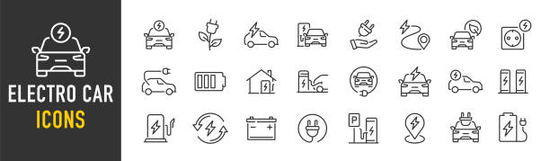 Electro Car web icons in line style. Logistic, electrical, charger, charging station, battery, eco transport ,collection. Vector illustration. vector art illustration