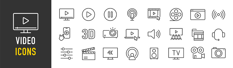 Video web icons in line style. Camera, play, film, cinema, live, media, collection. Vector illustration.