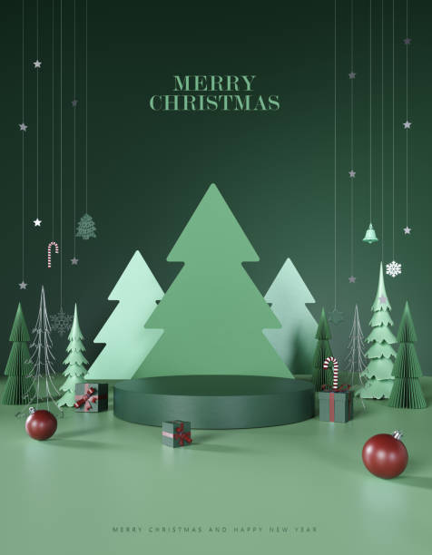 제품 발표를 위한 빈 무대가 있는 녹색 종이 소나무. 빈 연단과 크리스마스 장식이 있는 크리스마스 모형 녹색 배경입니다. - backdrop design decoration winter 뉴스 사진 이미지