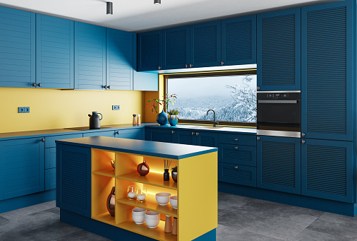 Modern and minimalist apartment interior kitchen. Kitchen with island. Dark blue matte materials with yellow details finish. Modern furniture. 3d renderings.