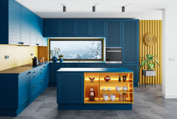 istock Dark and blue modern minimalist kitchen with island 1762050208