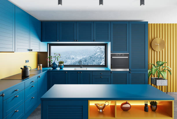 Dark and blue modern minimalist kitchen with island