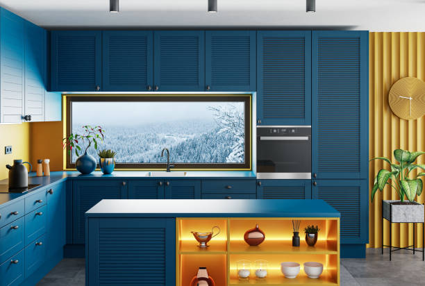 istock Dark and blue modern minimalist kitchen with island 1762050561