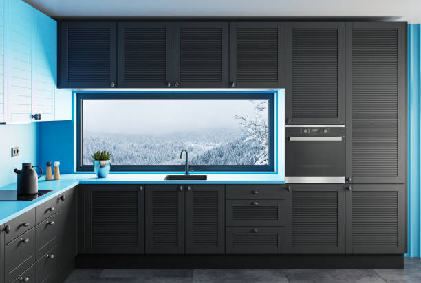 istock Dark and blue modern minimalist kitchen with island 1762050564
