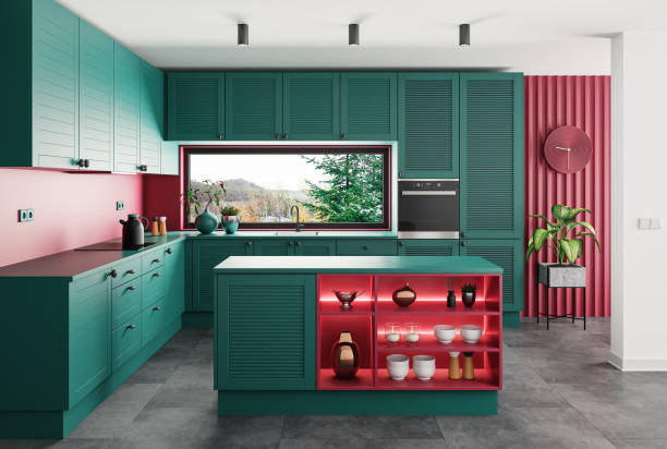istock Modern green and red minimalist kitchen with island 1762070405