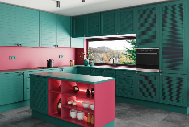 istock Modern green and red minimalist kitchen with island 1762070407
