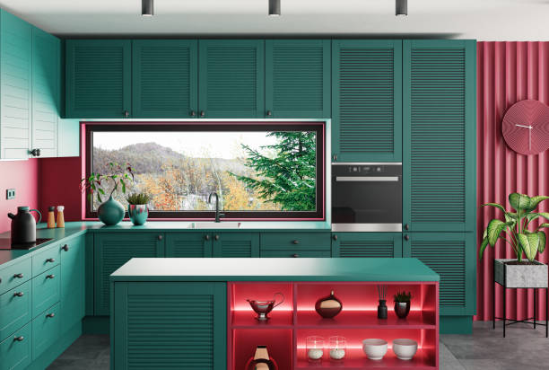 istock Modern green and red minimalist kitchen with island 1762070409