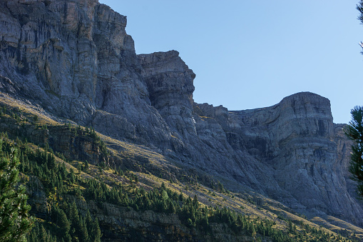 Rock formation in the walls of Ordesa canyon in the Pyrenees mountains, Ordesa y Monte Perdido national park, Aragon, Huesca, Spain