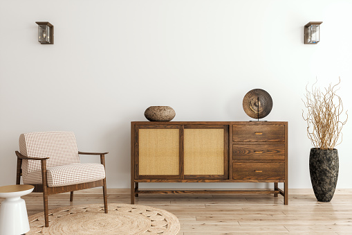 Elegantly designed living space featuring a harmonious blend of vintage wooden furniture with modern touches and neutral color palette.