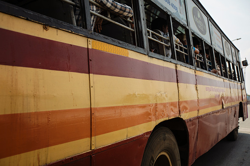 Chennai, India - October 17, 2023. Close-up view of a city bus in Chennai.