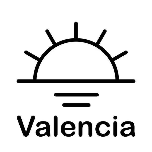 Vector illustration of Vector black illustration of the sun during sunset on the sea isolated on a white background with lettering Valencia