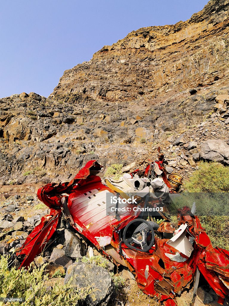 Car Wreckage Car Wreckage on Cliffs of Famara on the island Lanzarote, Canary Islands, Spain Atlantic Islands Stock Photo