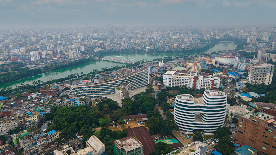 Aerial View of Dhaka City. Dhaka Skyline, Cityscape of Capital of Bangladesh, Dhaka Street, Iconic Buildings, Modern Architecture of Bangladesh.