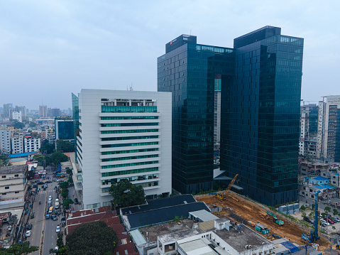 Aerial View of Dhaka City. Dhaka Skyline, Cityscape of Capital of Bangladesh, Dhaka Street, Iconic Buildings, Modern Architecture of Bangladesh.