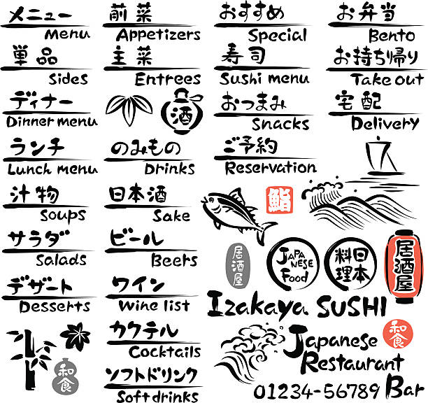Japanese food  menu Japanese food, restaurant, menu, in Japanese, in English japanese language stock illustrations