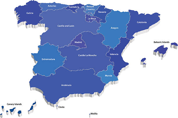 векторная карта испании с регионах - spain map three dimensional shape cartography stock illustrations