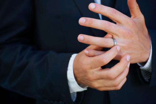 Closeup of a groom adjusting the ring on his finger nervously - copyspace