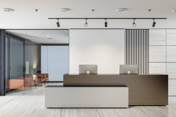 istock Modern office interior reception area with big desk 1762167923