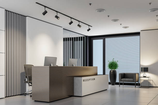 istock Modern office interior reception area with big desk 1762169015
