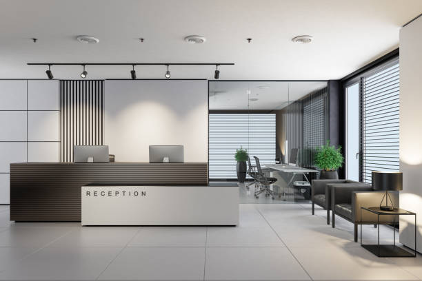 istock Modern office interior reception area with big desk 1762169017