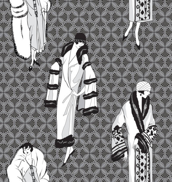 Retro female fashion seamless background Flapper girls (1920's style) seamless pattern: Retro fashion party background. Women on black and white vector vintage graphic. EPS10. flapper hat stock illustrations