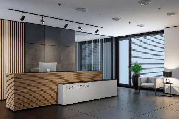 istock Modern office interior reception area with big desk 1762178459