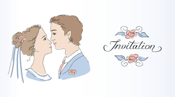 zaproszenie na ślub - kissing bride profile single flower stock illustrations