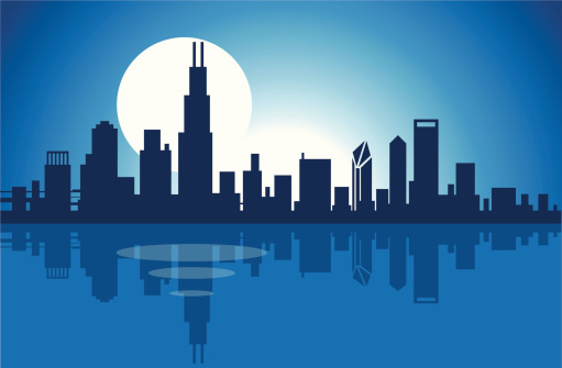 Illustration Of The Chicago Skyline At Night Over The Lake Stock  Illustration - Download Image Now - iStock